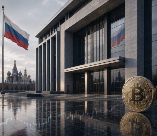 Russische Bank mit Bitcoin und Ethereum vor Moskauer Skyline und russischer Flagge