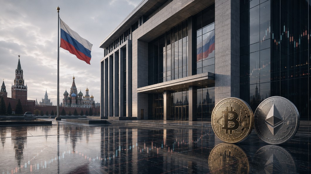 Russische Bank mit Bitcoin und Ethereum vor Moskauer Skyline und russischer Flagge