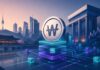 Alt-Tag: Futuristische Illustration eines Won-Symbols mit Solana-Logo vor der Skyline von Seoul und digitalen Finanzgrafiken.