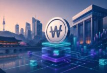 Shinhan lanciert Solana-basierten tokenisierten Fonds nach Vorbild von BlackRock Alt-Tag: Futuristische Illustration eines Won-Symbols mit Solana-Logo vor der Skyline von Seoul und digitalen Finanzgrafiken.