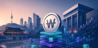 Alt-Tag: Futuristische Illustration eines Won-Symbols mit Solana-Logo vor der Skyline von Seoul und digitalen Finanzgrafiken.