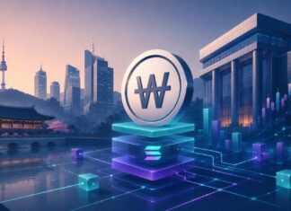 Alt-Tag: Futuristische Illustration eines Won-Symbols mit Solana-Logo vor der Skyline von Seoul und digitalen Finanzgrafiken.