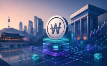 Alt-Tag: Futuristische Illustration eines Won-Symbols mit Solana-Logo vor der Skyline von Seoul und digitalen Finanzgrafiken.