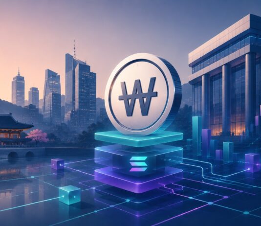 Alt-Tag: Futuristische Illustration eines Won-Symbols mit Solana-Logo vor der Skyline von Seoul und digitalen Finanzgrafiken.