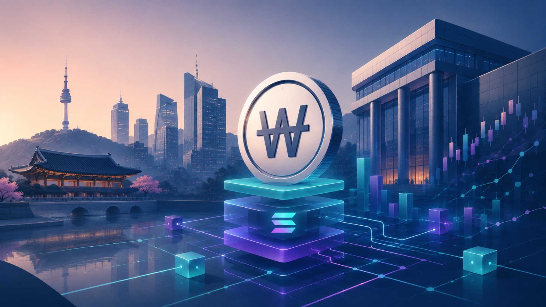 Alt-Tag: Futuristische Illustration eines Won-Symbols mit Solana-Logo vor der Skyline von Seoul und digitalen Finanzgrafiken.