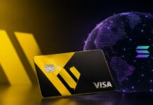 Western-Union-Stablecard mit Visa-Integration vor digitalem Globus als Symbol für Stablecoin-Zahlungen auf der Solana-Blockchain.