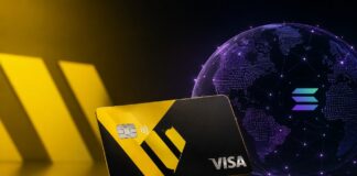 Western-Union-Stablecard mit Visa-Integration vor digitalem Globus als Symbol für Stablecoin-Zahlungen auf der Solana-Blockchain.