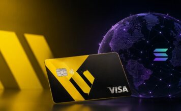Western-Union-Stablecard mit Visa-Integration vor digitalem Globus als Symbol für Stablecoin-Zahlungen auf der Solana-Blockchain.