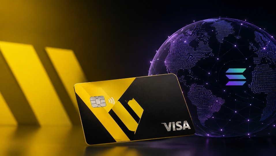 Western-Union-Stablecard mit Visa-Integration vor digitalem Globus als Symbol für Stablecoin-Zahlungen auf der Solana-Blockchain.