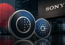 Sony-Tochter listet Cardano und NIGHT: Japan öffnet sich für Midnight NIGHT- und Cardano-Münzen vor einem Sony-Gebäude und einer stilisierten japanischen Flagge