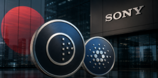 Sony-Tochter listet Cardano und NIGHT: Japan öffnet sich für Midnight NIGHT- und Cardano-Münzen vor einem Sony-Gebäude und einer stilisierten japanischen Flagge