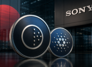 NIGHT- und Cardano-Münzen vor einem Sony-Gebäude und einer stilisierten japanischen Flagge