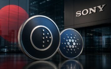 Sony-Tochter listet Cardano und NIGHT: Japan öffnet sich für Midnight NIGHT- und Cardano-Münzen vor einem Sony-Gebäude und einer stilisierten japanischen Flagge