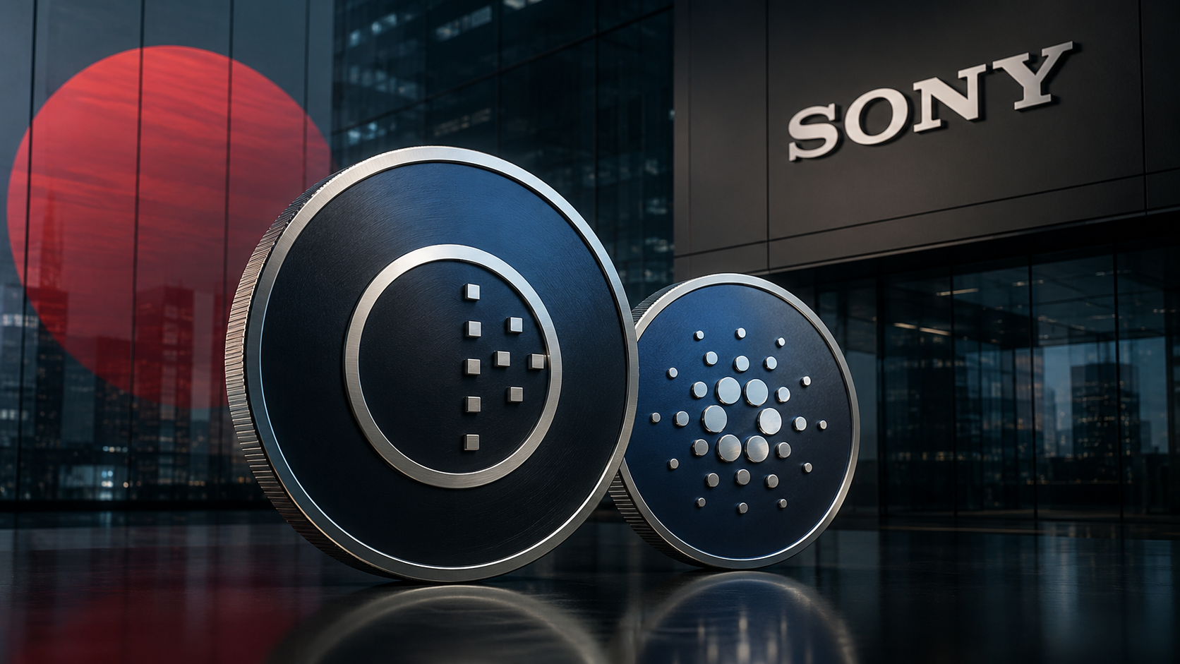 NIGHT- und Cardano-Münzen vor einem Sony-Gebäude und einer stilisierten japanischen Flagge