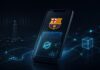 Smartphone mit FC-Barcelona-Logo und Stellar-Wallet in einer digitalen Netzwerkumgebung.