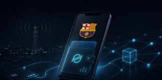 Smartphone mit FC-Barcelona-Logo und Stellar-Wallet in einer digitalen Netzwerkumgebung.