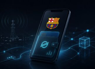 FC Barcelona startet Stellar-Wallet für 80 Millionen Fans & Händler Smartphone mit FC-Barcelona-Logo und Stellar-Wallet in einer digitalen Netzwerkumgebung.