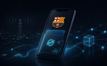 Smartphone mit FC-Barcelona-Logo und Stellar-Wallet in einer digitalen Netzwerkumgebung.