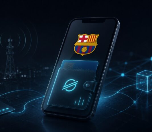 Smartphone mit FC-Barcelona-Logo und Stellar-Wallet in einer digitalen Netzwerkumgebung.