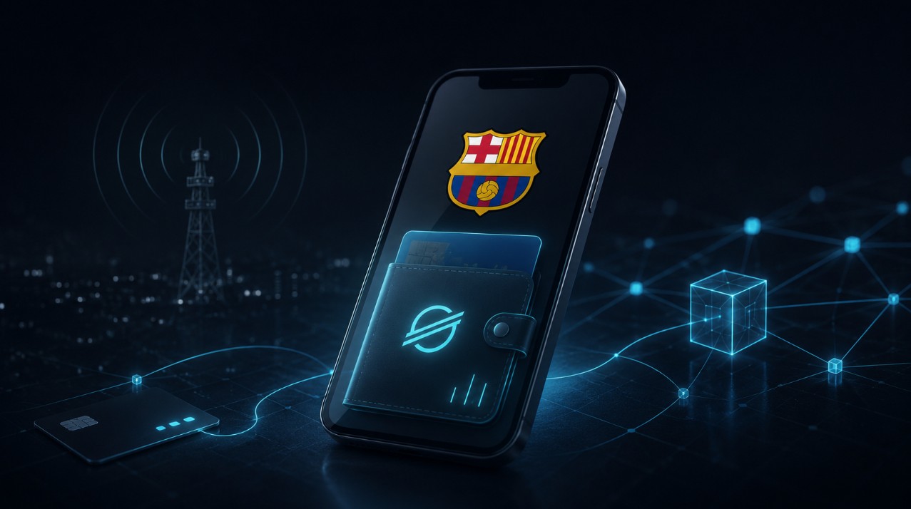 Smartphone mit FC-Barcelona-Logo und Stellar-Wallet in einer digitalen Netzwerkumgebung.