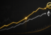 Stilisiertes Finanzdiagramm im Bloomberg-Stil: Stellar überholt Ethereum mit steigender goldener Linie und Logos von Stellar und ETH auf dunklem Hintergrund.