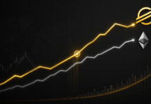 Stilisiertes Finanzdiagramm im Bloomberg-Stil: Stellar überholt Ethereum mit steigender goldener Linie und Logos von Stellar und ETH auf dunklem Hintergrund.