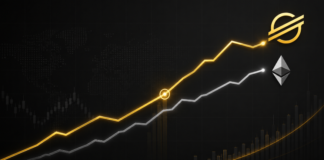Stilisiertes Finanzdiagramm im Bloomberg-Stil: Stellar überholt Ethereum mit steigender goldener Linie und Logos von Stellar und ETH auf dunklem Hintergrund.