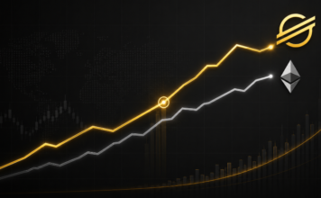 Stilisiertes Finanzdiagramm im Bloomberg-Stil: Stellar überholt Ethereum mit steigender goldener Linie und Logos von Stellar und ETH auf dunklem Hintergrund.