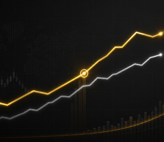 Stilisiertes Finanzdiagramm im Bloomberg-Stil: Stellar überholt Ethereum mit steigender goldener Linie und Logos von Stellar und ETH auf dunklem Hintergrund.