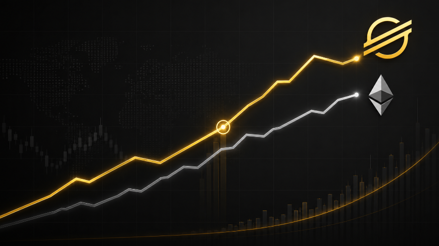Stilisiertes Finanzdiagramm im Bloomberg-Stil: Stellar überholt Ethereum mit steigender goldener Linie und Logos von Stellar und ETH auf dunklem Hintergrund.