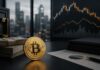 Bitcoin-Münze vor Bargeldstapeln und Finanzcharts in einem modernen Büro.