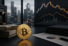 Strategy verkauft 1.638 Bitcoin und nimmt 290,6 Millionen Dollar über Aktien auf Bitcoin-Münze vor Bargeldstapeln und Finanzcharts in einem modernen Büro.