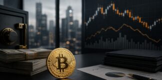 Bitcoin-Münze vor Bargeldstapeln und Finanzcharts in einem modernen Büro.