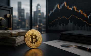Bitcoin-Münze vor Bargeldstapeln und Finanzcharts in einem modernen Büro.