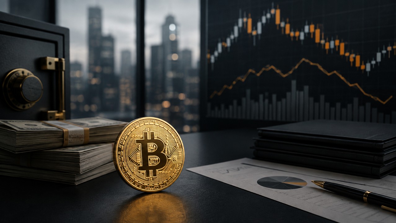 Bitcoin-Münze vor Bargeldstapeln und Finanzcharts in einem modernen Büro.