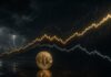 Illustration eines goldenen Bitcoin vor dunklem Finanzhintergrund mit steigender goldener Kurslinie, fallender grauer Linie und stürmischer Börsenstimmung.