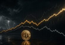 Illustration eines goldenen Bitcoin vor dunklem Finanzhintergrund mit steigender goldener Kurslinie, fallender grauer Linie und stürmischer Börsenstimmung.