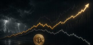 Strategy kauft keine Bitcoin und warnt vor turbulenten Zeiten: Ist BTC in Gefahr? Illustration eines goldenen Bitcoin vor dunklem Finanzhintergrund mit steigender goldener Kurslinie, fallender grauer Linie und stürmischer Börsenstimmung.