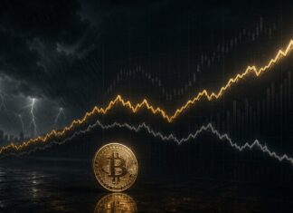Illustration eines goldenen Bitcoin vor dunklem Finanzhintergrund mit steigender goldener Kurslinie, fallender grauer Linie und stürmischer Börsenstimmung.