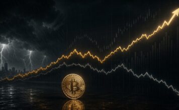 Strategy kauft keine Bitcoin und warnt vor turbulenten Zeiten: Ist BTC in Gefahr? Illustration eines goldenen Bitcoin vor dunklem Finanzhintergrund mit steigender goldener Kurslinie, fallender grauer Linie und stürmischer Börsenstimmung.