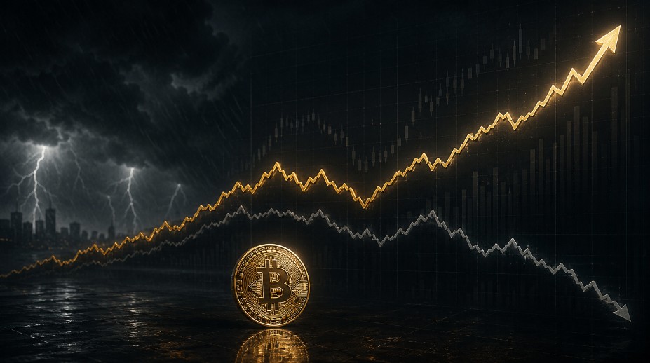 Illustration eines goldenen Bitcoin vor dunklem Finanzhintergrund mit steigender goldener Kurslinie, fallender grauer Linie und stürmischer Börsenstimmung.