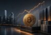 Strategy dreht Milliardenverlust – 6,69 Mrd. USD Cash für neue Bitcoin-Käufe bereit Große Bitcoin-Münze vor dunkler Skyline mit steigender Kurslinie und Geldstapeln als Symbol für Strategys Rückkehr in die Gewinnzone und verfügbare Mittel für weitere Bitcoin-Käufe.