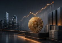 Große Bitcoin-Münze vor dunkler Skyline mit steigender Kurslinie und Geldstapeln als Symbol für Strategys Rückkehr in die Gewinnzone und verfügbare Mittel für weitere Bitcoin-Käufe.