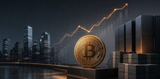 Große Bitcoin-Münze vor dunkler Skyline mit steigender Kurslinie und Geldstapeln als Symbol für Strategys Rückkehr in die Gewinnzone und verfügbare Mittel für weitere Bitcoin-Käufe.