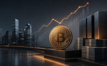 Große Bitcoin-Münze vor dunkler Skyline mit steigender Kurslinie und Geldstapeln als Symbol für Strategys Rückkehr in die Gewinnzone und verfügbare Mittel für weitere Bitcoin-Käufe.