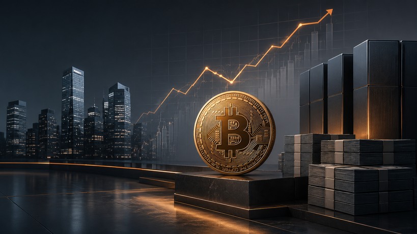 Große Bitcoin-Münze vor dunkler Skyline mit steigender Kurslinie und Geldstapeln als Symbol für Strategys Rückkehr in die Gewinnzone und verfügbare Mittel für weitere Bitcoin-Käufe.