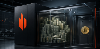 Strategy-Logo neben einer Dollarreserve und einem separat verwahrten Bitcoin
