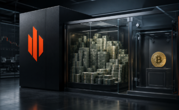 Strategy-Logo neben einer Dollarreserve und einem separat verwahrten Bitcoin