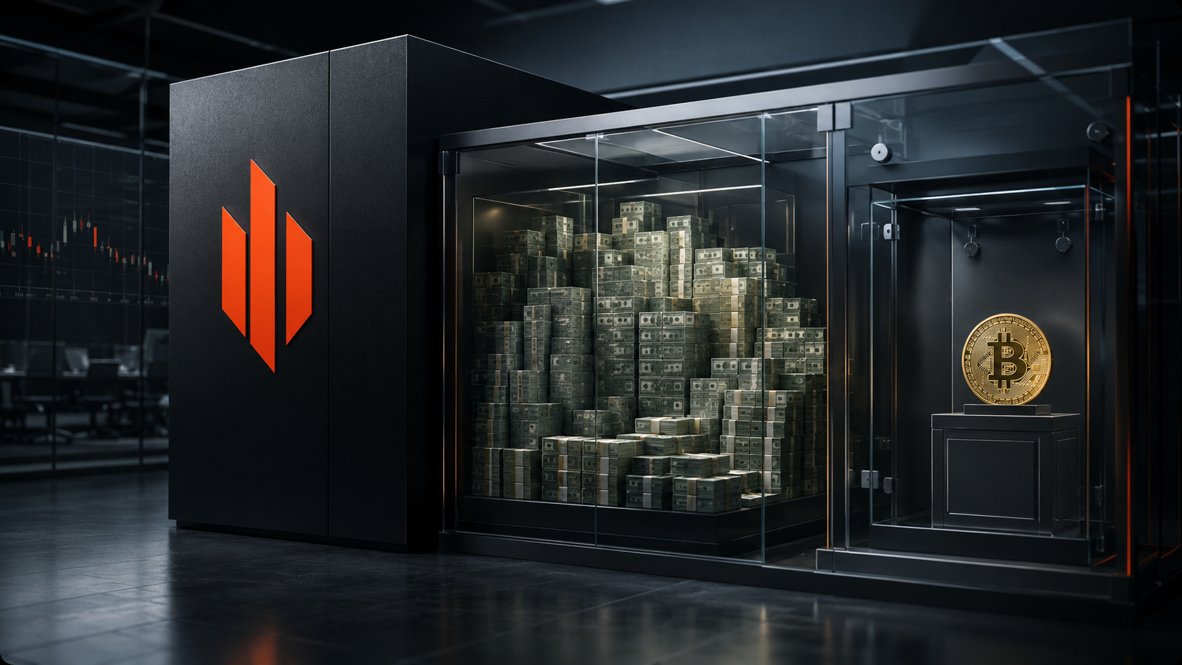 Strategy-Logo neben einer Dollarreserve und einem separat verwahrten Bitcoin