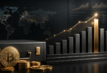 Bitcoin-Treasury mit goldenen BTC-Münzen und ansteigendem Balkendiagramm als Symbol für den wachsenden Bitcoin-Bestand von Strive.